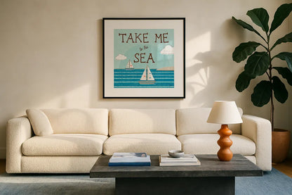 Sea and Me I by Melissa Averinos. Displayed in a glass frame with matte in a clean modern living room. Available as an archival giclee rolled canvas, fine art paper, or poster print. SKU 66258a.