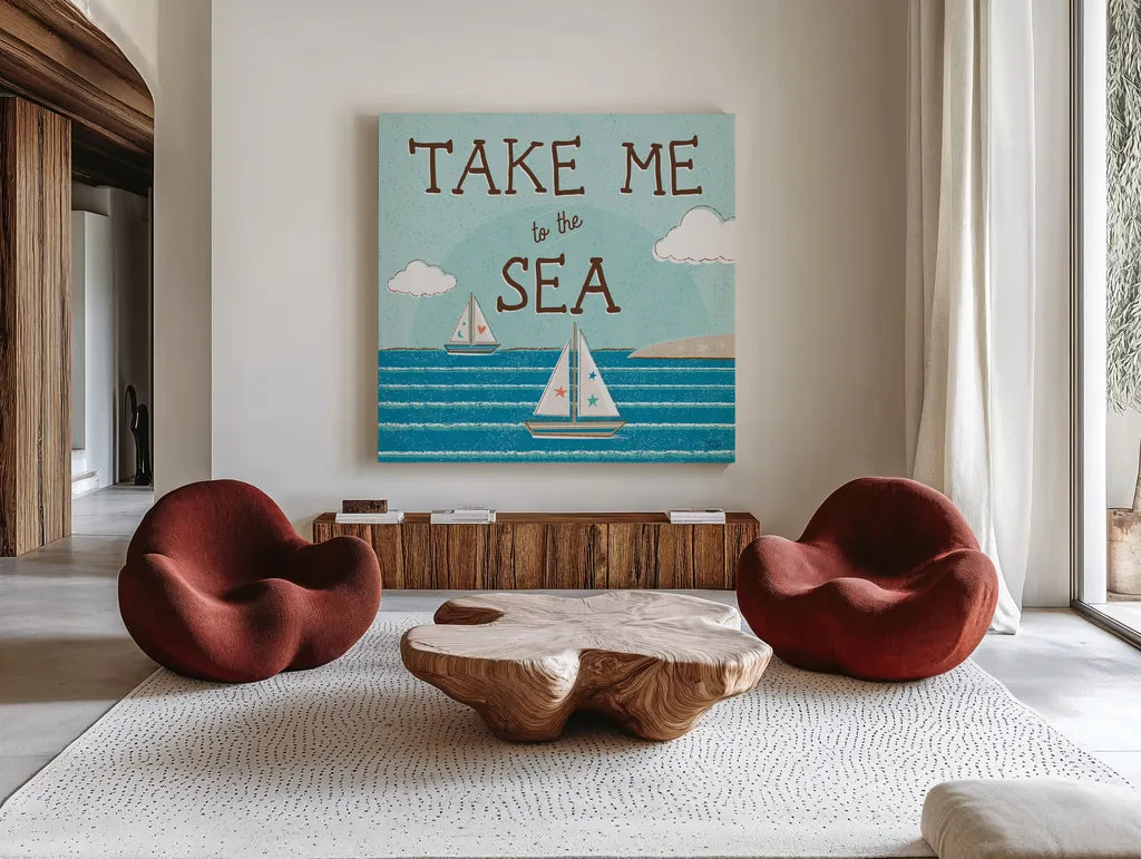 Sea and Me I by Melissa Averinos. Shown as extra-large giant wall art in a modern living room. Available as an archival giclee rolled canvas, fine art paper, or poster print. SKU 66258a.