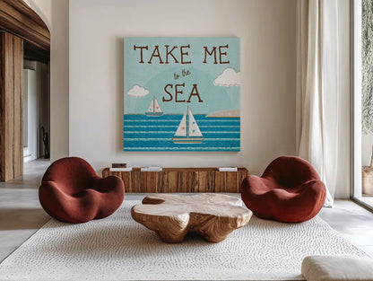 Sea and Me I by Melissa Averinos. Shown as extra-large giant wall art in a modern living room. Available as an archival giclee rolled canvas, fine art paper, or poster print. SKU 66258a.