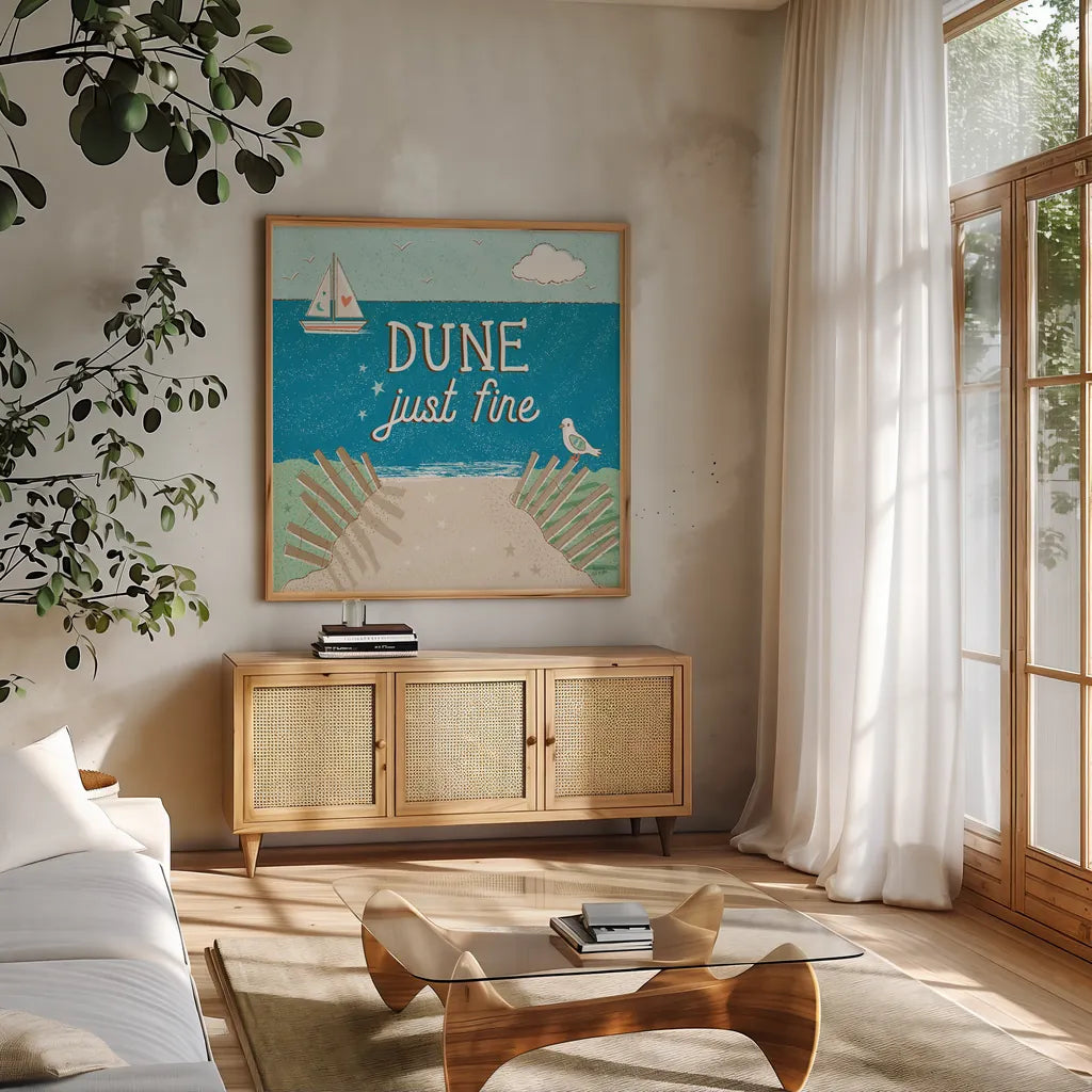 Sea and Me II by Melissa Averinos. Shown in a natural wood frame in a cozy modern living room. Available as an archival giclee rolled canvas, fine art paper, or poster print. SKU 66259a.