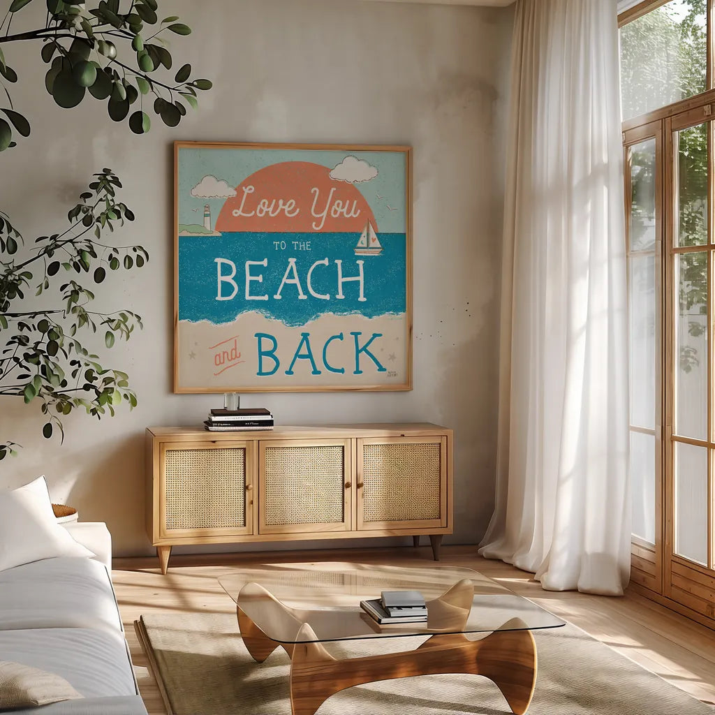 Sea and Me III by Melissa Averinos. Shown in a natural wood frame in a cozy modern living room. Available as an archival giclee rolled canvas, fine art paper, or poster print. SKU 66260a.