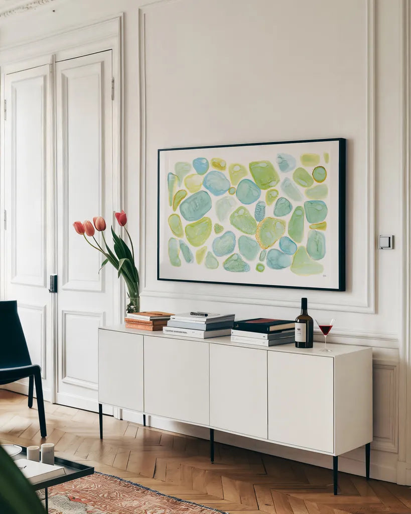 Seaglass Abstract by Melissa Averinos. shown as a framed stretched canvas in a living room above a console. Available as a archival giclee rolled canvas, fine art paper, or poster print. SKU 47192i.