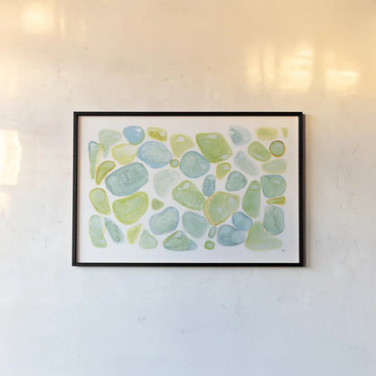 Seaglass Abstract by Melissa Averinos. shown as a paper print in a black flame. Available as a archival giclee rolled canvas, fine art paper, or poster print. SKU 47192i.
