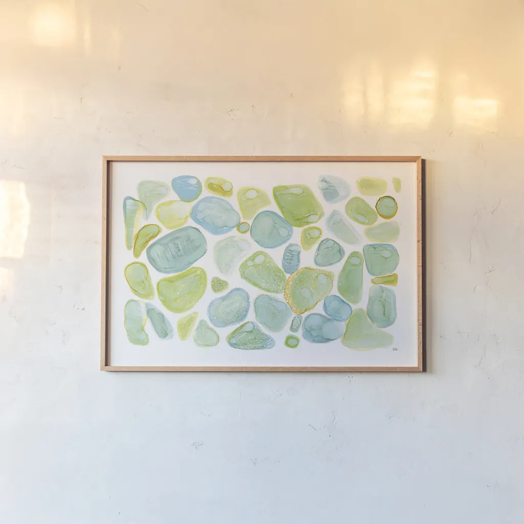 Seaglass Abstract by Melissa Averinos. shown as a paper print in a natural frame. Available as a archival giclee rolled canvas, fine art paper, or poster print. SKU 47192i.