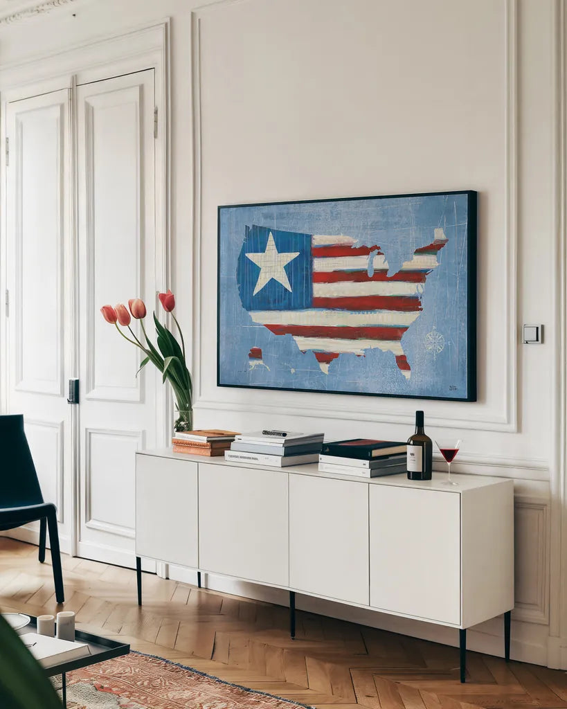 See the USA Americana by Melissa Averinos. shown as a framed stretched canvas in a living room above a console. Available as a archival giclee rolled canvas, fine art paper, or poster print. SKU 25333i.