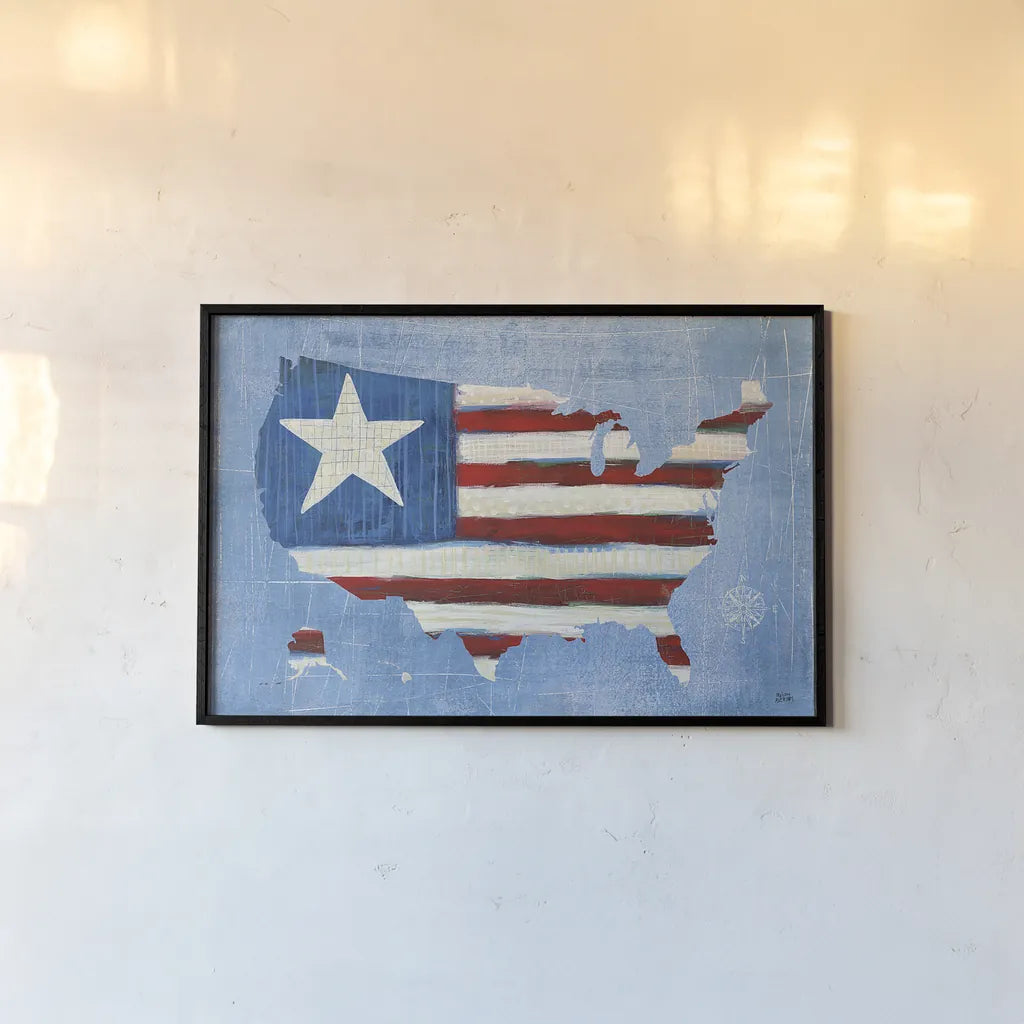 See the USA Americana by Melissa Averinos. shown as a paper print in a black flame. Available as a archival giclee rolled canvas, fine art paper, or poster print. SKU 25333i.