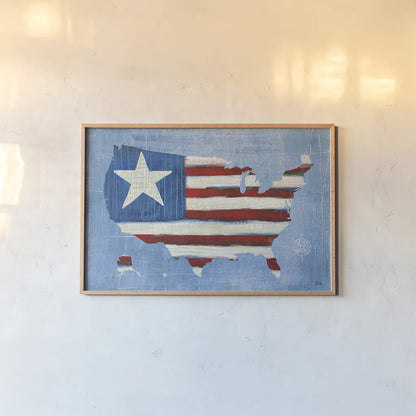 See the USA Americana by Melissa Averinos. shown as a paper print in a natural frame. Available as a archival giclee rolled canvas, fine art paper, or poster print. SKU 25333i.