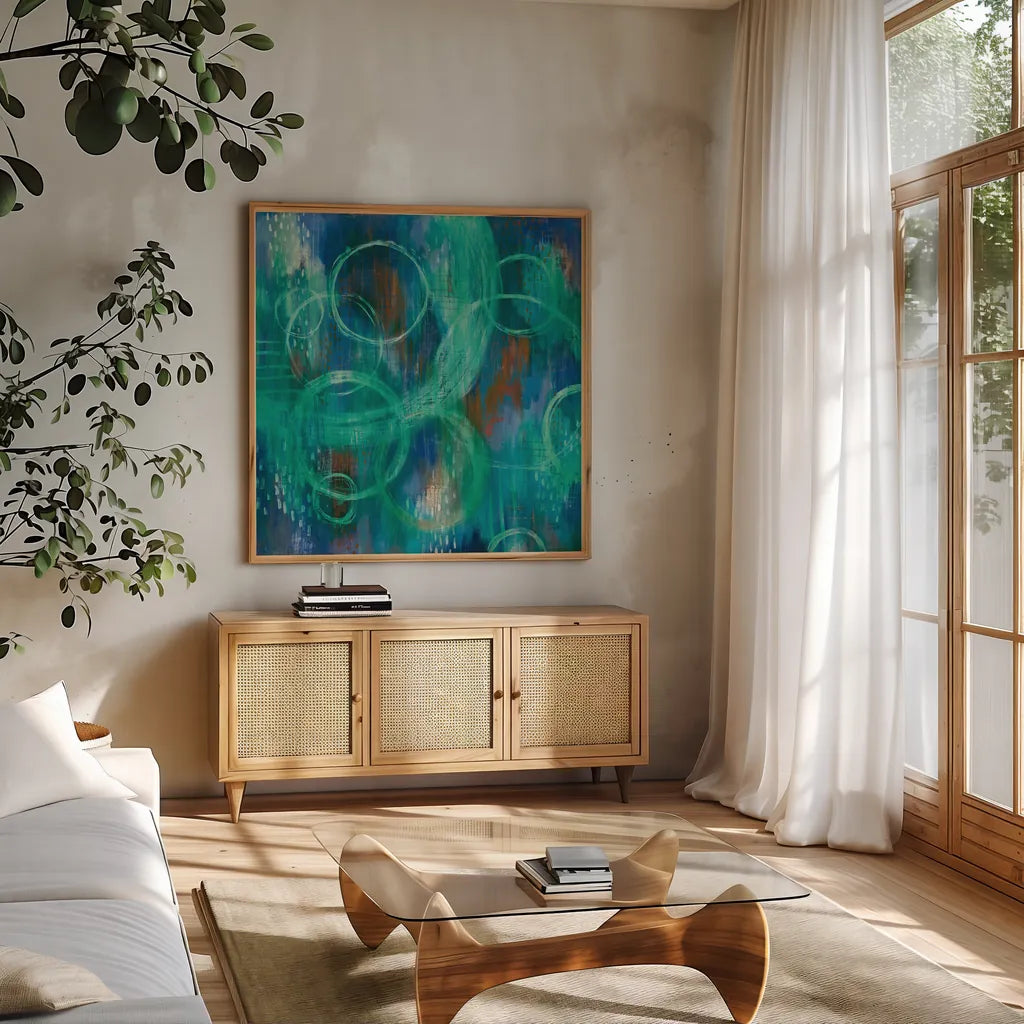 Sky Fields by Melissa Averinos. Shown in a natural wood frame in a cozy modern living room. Available as an archival giclee rolled canvas, fine art paper, or poster print. SKU 24311a.