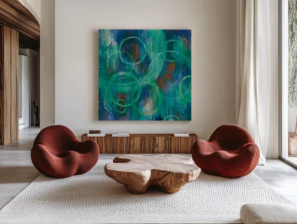 Sky Fields by Melissa Averinos. Shown as extra-large giant wall art in a modern living room. Available as an archival giclee rolled canvas, fine art paper, or poster print. SKU 24311a.