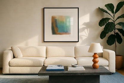 Soft Abstract I by Melissa Averinos. Displayed in a glass frame with matte in a clean modern living room. Available as an archival giclee rolled canvas, fine art paper, or poster print. SKU 59184a.