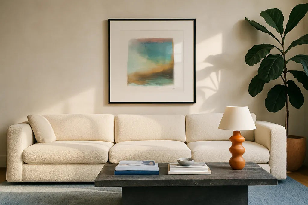 Soft Abstract II by Melissa Averinos. Displayed in a glass frame with matte in a clean modern living room. Available as an archival giclee rolled canvas, fine art paper, or poster print. SKU 59185a.