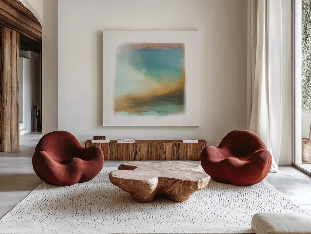 Soft Abstract II by Melissa Averinos. Shown as extra-large giant wall art in a modern living room. Available as an archival giclee rolled canvas, fine art paper, or poster print. SKU 59185a.