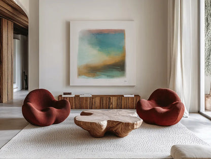 Soft Abstract II by Melissa Averinos. Shown as extra-large giant wall art in a modern living room. Available as an archival giclee rolled canvas, fine art paper, or poster print. SKU 59185a.