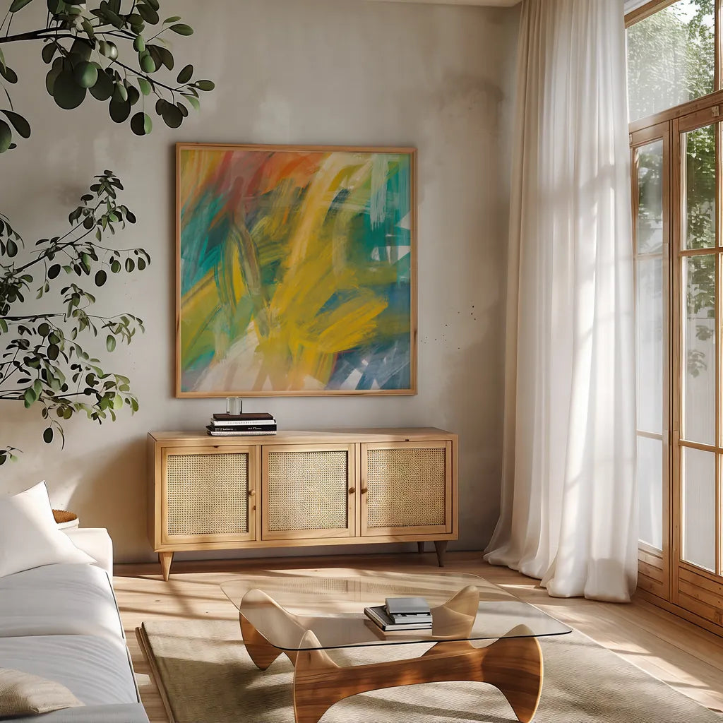 Spectrum by Melissa Averinos. Shown in a natural wood frame in a cozy modern living room. Available as an archival giclee rolled canvas, fine art paper, or poster print. SKU 64433a.