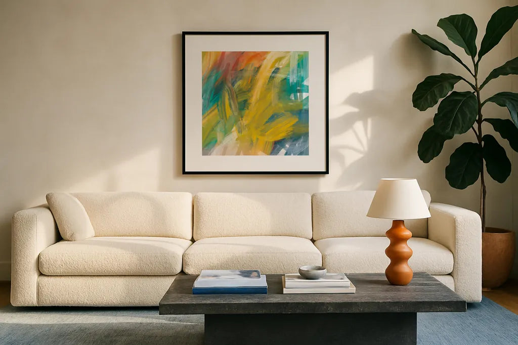 Spectrum by Melissa Averinos. Displayed in a glass frame with matte in a clean modern living room. Available as an archival giclee rolled canvas, fine art paper, or poster print. SKU 64433a.