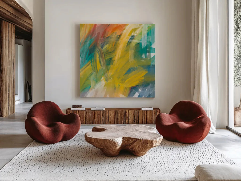 Spectrum by Melissa Averinos. Shown as extra-large giant wall art in a modern living room. Available as an archival giclee rolled canvas, fine art paper, or poster print. SKU 64433a.