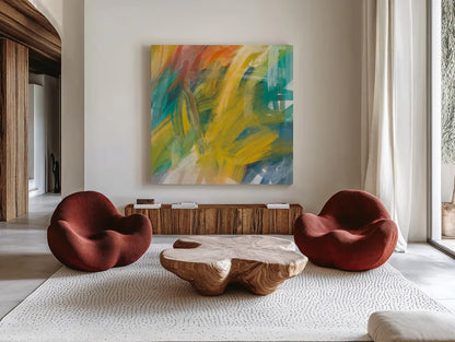 Spectrum by Melissa Averinos. Shown as extra-large giant wall art in a modern living room. Available as an archival giclee rolled canvas, fine art paper, or poster print. SKU 64433a.