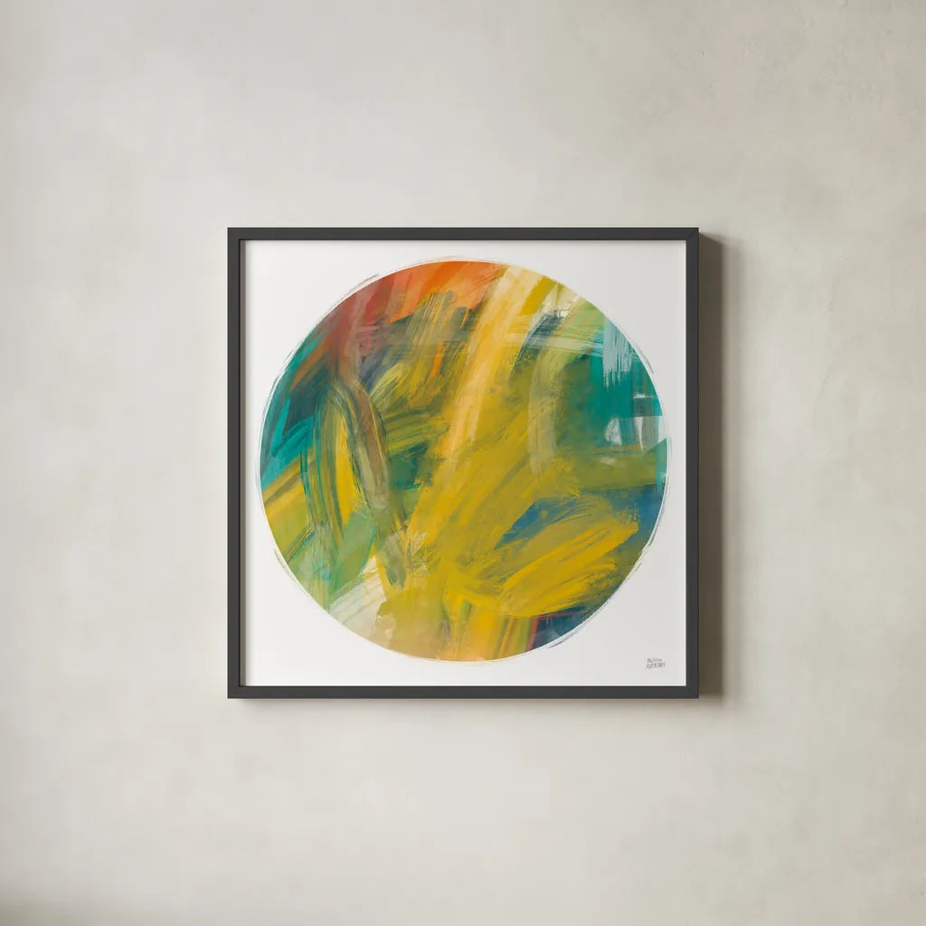 Spectrum Sphere by Melissa Averinos. Shown in a sleek black glass frame for a contemporary gallery look. Available as an archival giclee rolled canvas, fine art paper, or poster print. SKU 64434a.