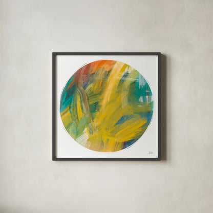 Spectrum Sphere by Melissa Averinos. Shown in a sleek black glass frame for a contemporary gallery look. Available as an archival giclee rolled canvas, fine art paper, or poster print. SKU 64434a.
