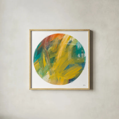 Spectrum Sphere by Melissa Averinos. Shown in a natural wood glass frame for a timeless modern aesthetic. Available as an archival giclee rolled canvas, fine art paper, or poster print. SKU 64434a.