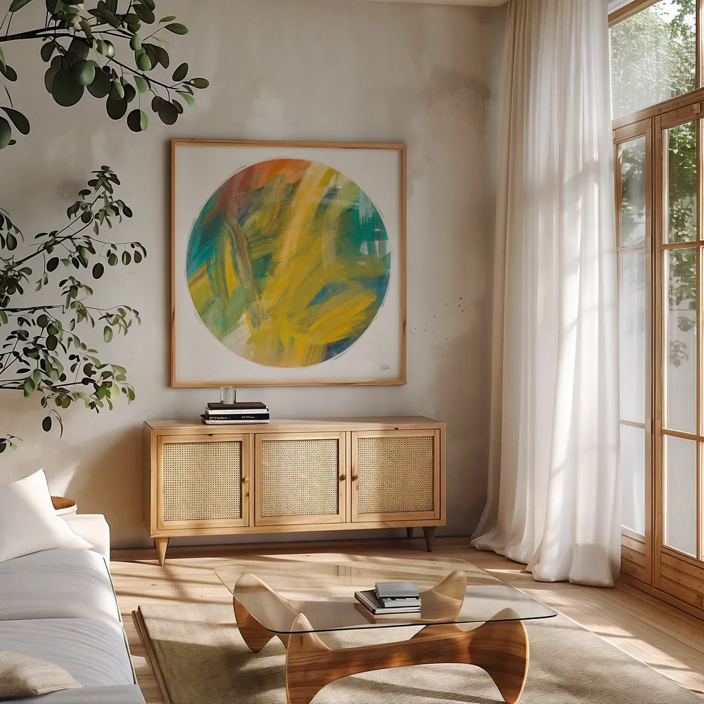 Spectrum Sphere by Melissa Averinos. Shown in a natural wood frame in a cozy modern living room. Available as an archival giclee rolled canvas, fine art paper, or poster print. SKU 64434a.