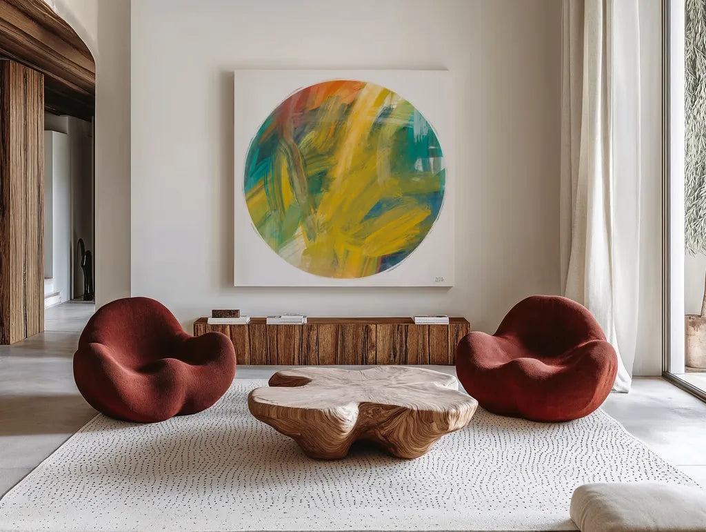 Spectrum Sphere by Melissa Averinos. Shown as extra-large giant wall art in a modern living room. Available as an archival giclee rolled canvas, fine art paper, or poster print. SKU 64434a.