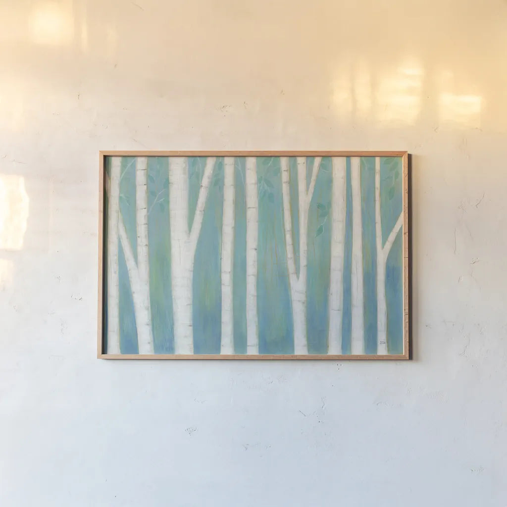 Spring Woods by Melissa Averinos. shown as a paper print in a natural frame. Available as a archival giclee rolled canvas, fine art paper, or poster print. SKU 24312i.