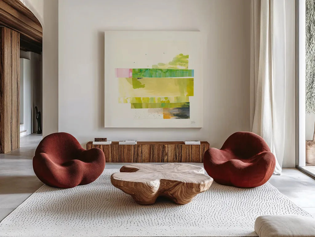Stacks I by Melissa Averinos. Shown as extra-large giant wall art in a modern living room. Available as an archival giclee rolled canvas, fine art paper, or poster print. SKU 36901a.