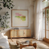 Stacks II by Melissa Averinos. Shown in a natural wood frame in a cozy modern living room. Available as an archival giclee rolled canvas, fine art paper, or poster print. SKU 36902a.