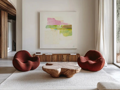 Stacks II by Melissa Averinos. Shown as extra-large giant wall art in a modern living room. Available as an archival giclee rolled canvas, fine art paper, or poster print. SKU 36902a.