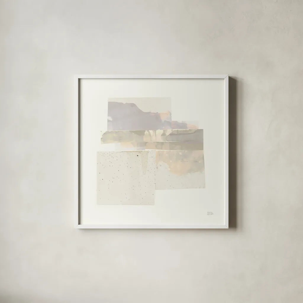 Stacks II Neutral by Melissa Averinos. Shown in a crisp white glass frame for a clean and minimalist style. Available as an archival giclee rolled canvas, fine art paper, or poster print. SKU 42934a.