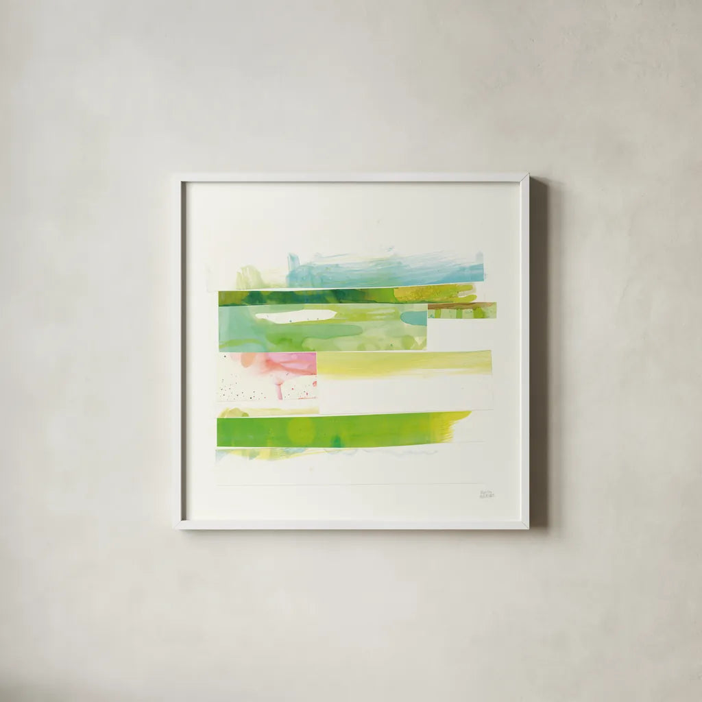 Stacks III by Melissa Averinos. Shown in a crisp white glass frame for a clean and minimalist style. Available as an archival giclee rolled canvas, fine art paper, or poster print. SKU 36903a.