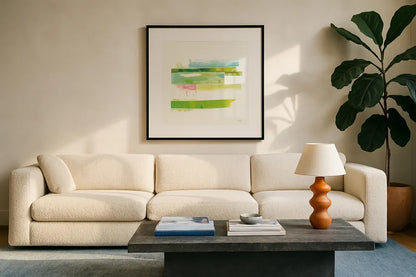 Stacks III by Melissa Averinos. Displayed in a glass frame with matte in a clean modern living room. Available as an archival giclee rolled canvas, fine art paper, or poster print. SKU 36903a.