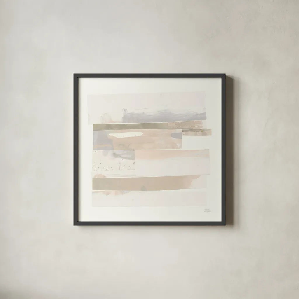 Stacks III Neutral by Melissa Averinos. Shown in a sleek black glass frame for a contemporary gallery look. Available as an archival giclee rolled canvas, fine art paper, or poster print. SKU 42935a.