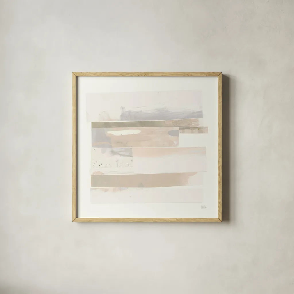 Stacks III Neutral by Melissa Averinos. Shown in a natural wood glass frame for a timeless modern aesthetic. Available as an archival giclee rolled canvas, fine art paper, or poster print. SKU 42935a.