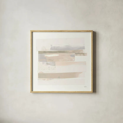 Stacks III Neutral by Melissa Averinos. Shown in a natural wood glass frame for a timeless modern aesthetic. Available as an archival giclee rolled canvas, fine art paper, or poster print. SKU 42935a.