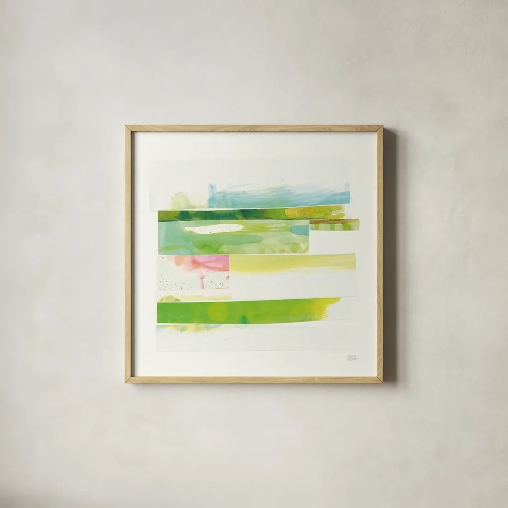 Stacks III v2 by Melissa Averinos. Shown in a natural wood glass frame for a timeless modern aesthetic. Available as an archival giclee rolled canvas, fine art paper, or poster print. SKU 37476a.