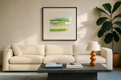Stacks III v2 by Melissa Averinos. Displayed in a glass frame with matte in a clean modern living room. Available as an archival giclee rolled canvas, fine art paper, or poster print. SKU 37476a.
