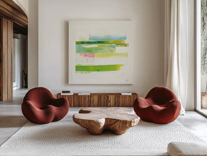Stacks III v2 by Melissa Averinos. Shown as extra-large giant wall art in a modern living room. Available as an archival giclee rolled canvas, fine art paper, or poster print. SKU 37476a.