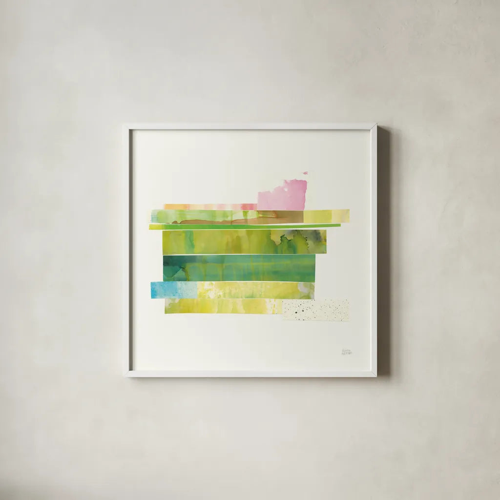 Stacks IV by Melissa Averinos. Shown in a crisp white glass frame for a clean and minimalist style. Available as an archival giclee rolled canvas, fine art paper, or poster print. SKU 36904a.