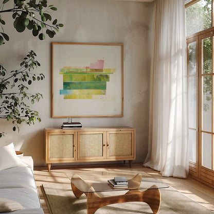 Stacks IV by Melissa Averinos. Shown in a natural wood frame in a cozy modern living room. Available as an archival giclee rolled canvas, fine art paper, or poster print. SKU 36904a.