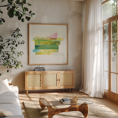 Stacks IV v2 by Melissa Averinos. Shown in a natural wood frame in a cozy modern living room. Available as an archival giclee rolled canvas, fine art paper, or poster print. SKU 37477a.