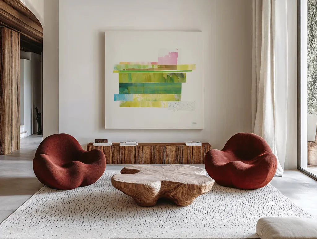 Stacks IV v2 by Melissa Averinos. Shown as extra-large giant wall art in a modern living room. Available as an archival giclee rolled canvas, fine art paper, or poster print. SKU 37477a.