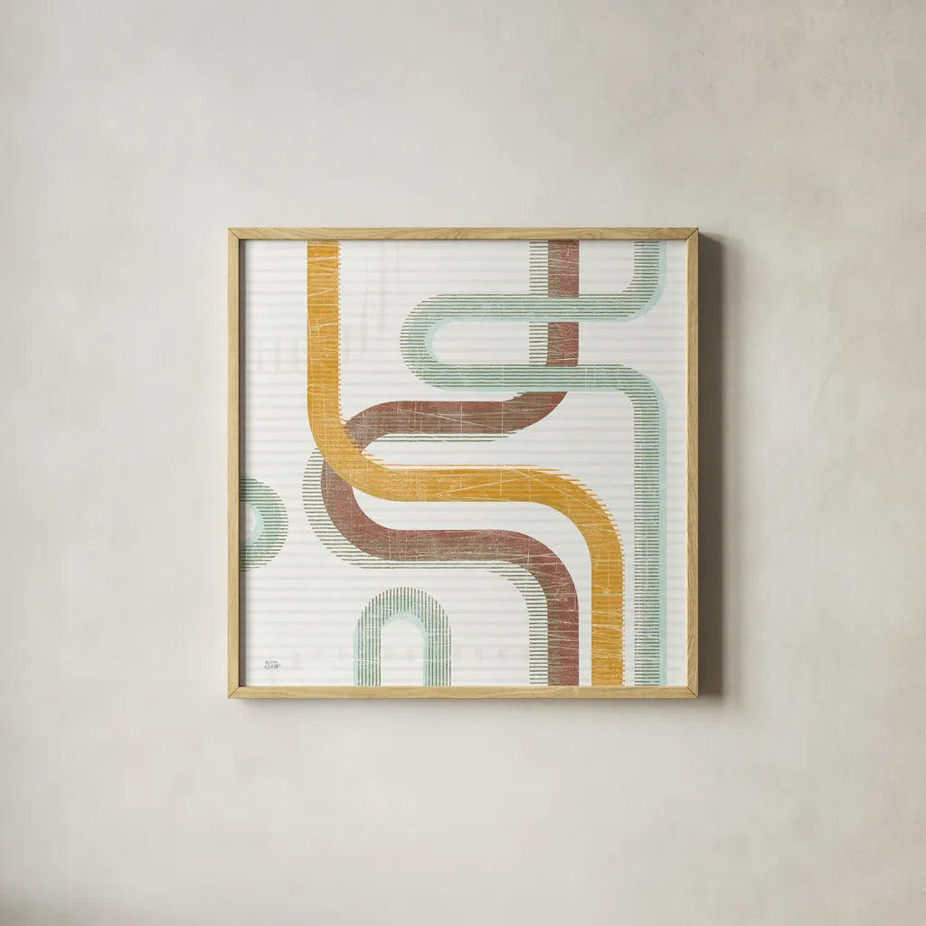 Subway Lines I by Melissa Averinos. Shown in a natural wood glass frame for a timeless modern aesthetic. Available as an archival giclee rolled canvas, fine art paper, or poster print. SKU 58960a.