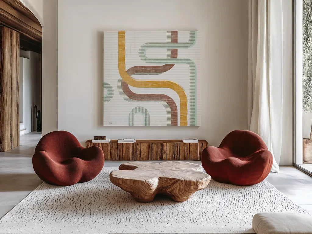 Subway Lines I by Melissa Averinos. Shown as extra-large giant wall art in a modern living room. Available as an archival giclee rolled canvas, fine art paper, or poster print. SKU 58960a.