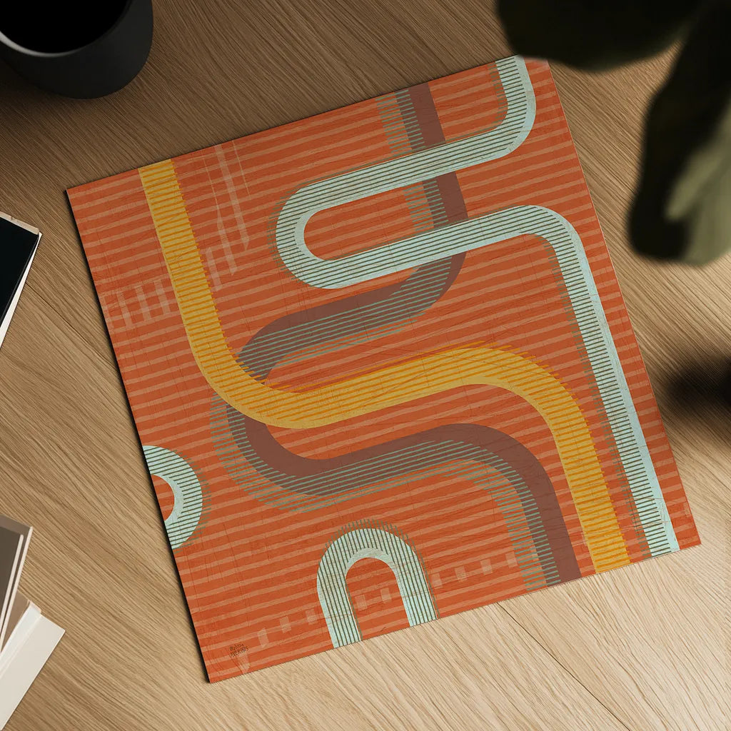 Subway Lines I Sunset by Melissa Averinos. Shown as a detailed flat fine art print, highlighting archival giclee quality. Available as an archival giclee rolled canvas, fine art paper, or poster print. SKU 61556a.