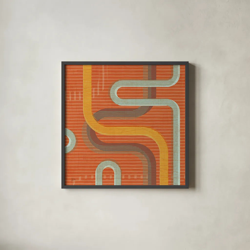 Subway Lines I Sunset by Melissa Averinos. Shown in a sleek black glass frame for a contemporary gallery look. Available as an archival giclee rolled canvas, fine art paper, or poster print. SKU 61556a.