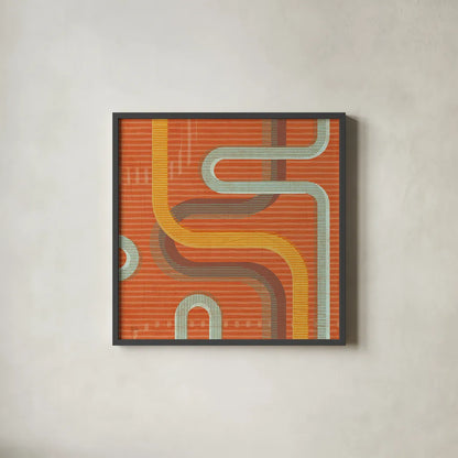 Subway Lines I Sunset by Melissa Averinos. Shown in a sleek black glass frame for a contemporary gallery look. Available as an archival giclee rolled canvas, fine art paper, or poster print. SKU 61556a.