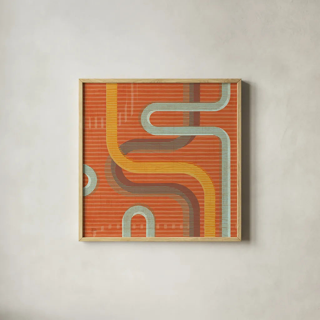 Subway Lines I Sunset by Melissa Averinos. Shown in a natural wood glass frame for a timeless modern aesthetic. Available as an archival giclee rolled canvas, fine art paper, or poster print. SKU 61556a.
