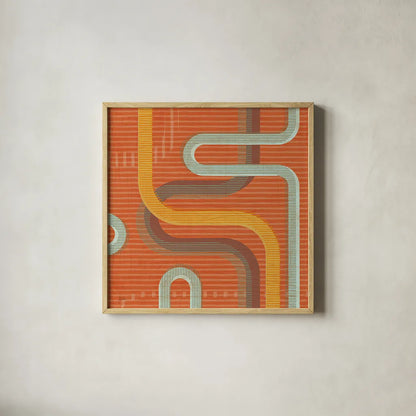 Subway Lines I Sunset by Melissa Averinos. Shown in a natural wood glass frame for a timeless modern aesthetic. Available as an archival giclee rolled canvas, fine art paper, or poster print. SKU 61556a.